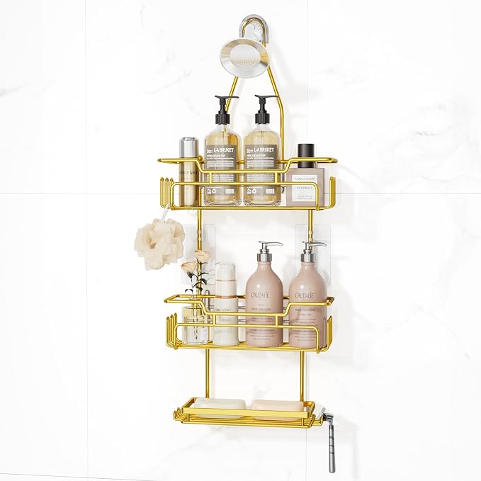 SWTYMIKI Bathroom Shower Caddy Hanging - 3 Tier Rustproof Over Shower Head Organizer, No Drilling Bathroom Shelf with 16 Hooks & Soap Holder, Anti-Swing Rack for Shampoo,Sponge,Towel, Gold by SwtyMiki-TidyHomeSweetLife