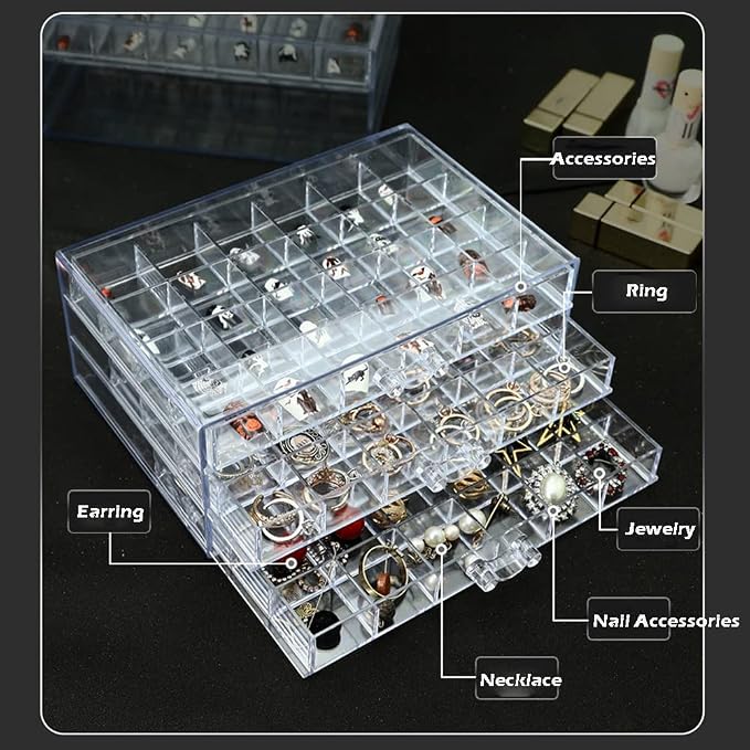 YUFONG Earring Storage Box Organizer 3 Drawers Acrylic Jewelry Storage Box Holder Transparent Jewelry Display Stand with 72 Small Compartments Gift for Women Girls (Clear) - Image 3