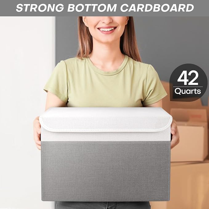 Bagnizer Large 17" 42 Quarts Collapsible Stackable Storage Bins with Lids [3-Pack] Foldable Fabric Linen Storage Boxes Cube, Closet Organizer Baskets with Label (16.7 x 12 x 12, Gray & White) - Image 6