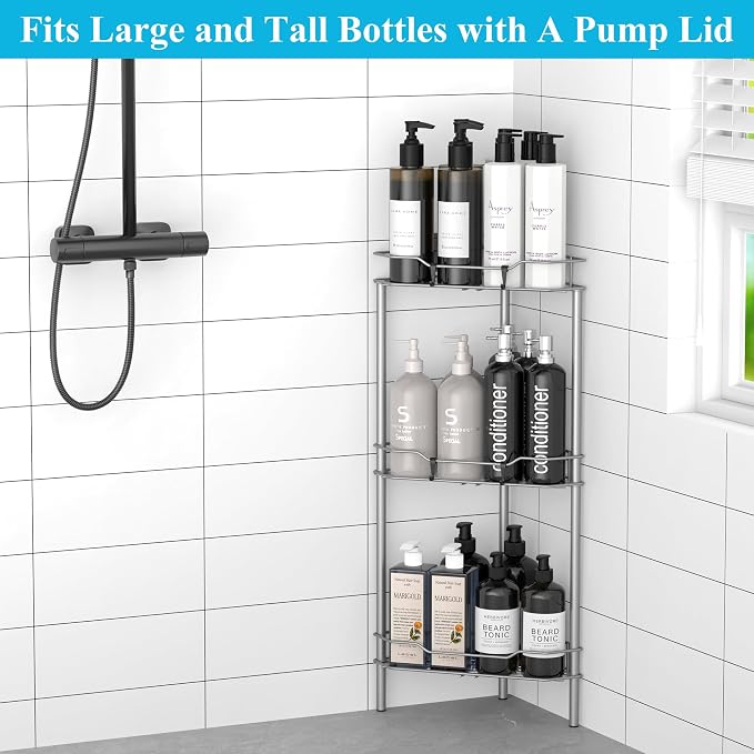 HuggieGems 3 Tier Floor Standing Corner Shower Caddy Organizer Shelf with Hooks, Bathroom Shelves Stand Rack, Gray - Image 4