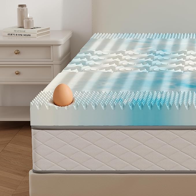 OLIXIS 2 Inch King Cooling Gel Memory Foam Mattress Topper, 5-Zone Pressure Relief Design, Soft Bed Pad for Back & Hip Pain, Dorm RV Camping, Blue