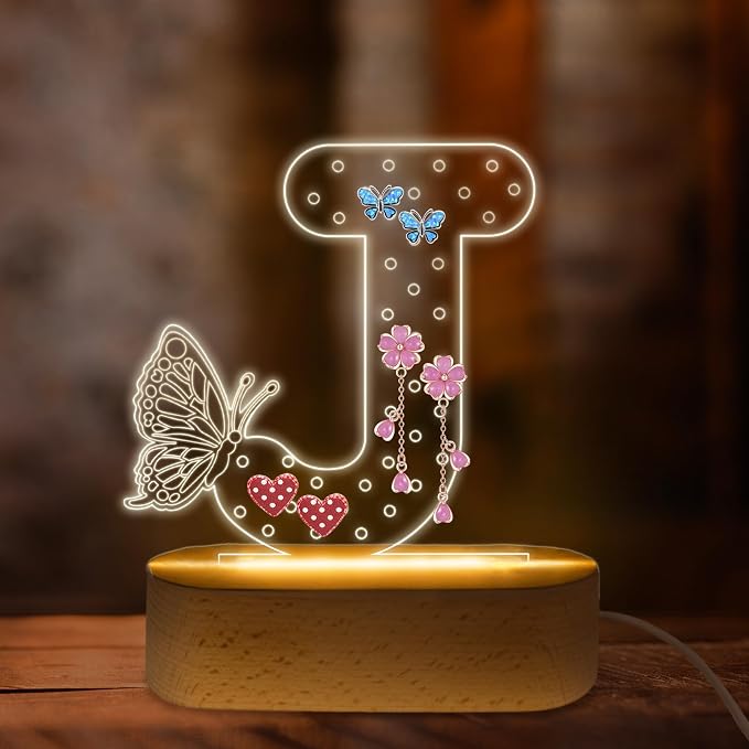 COSHAYSOO Initial Acrylic Earring Holder Organizer for Women Teen Girls with Butterfly Decorations LED Night Light Personalized Trendy Gifts for 14 16 18 21 25 30 Birthday Jewelry Stand Letter J by COSHAYSOO