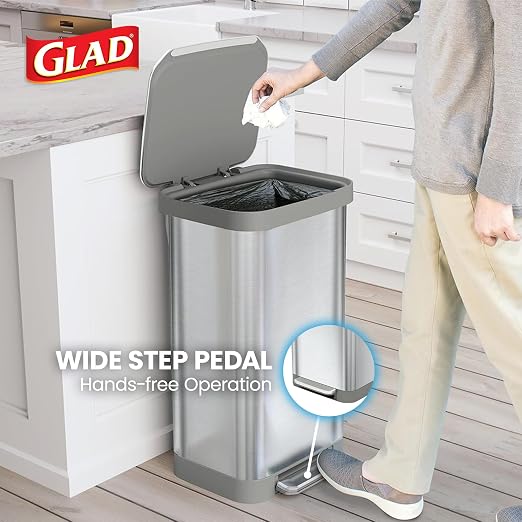 Glad Stainless Steel Step Trash Can, Series 2 with Clorox Protection - Large Metal Kitchen Garbage Bin with Soft Close Lid, Foot Pedal and Waste Bag Roll Holder, 20 Gallon - Image 4