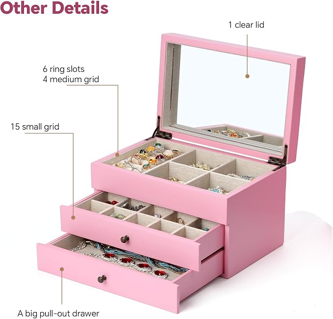 Meangood Jewelry Box Organizer for Women, 3 Layer Large Jewelry Storage Case, Rustic Wooden Jewelry Box with Mirror & Ring Tray for Necklace Earring Bracelets Rings, Vintage Style (Pink) - Image 7