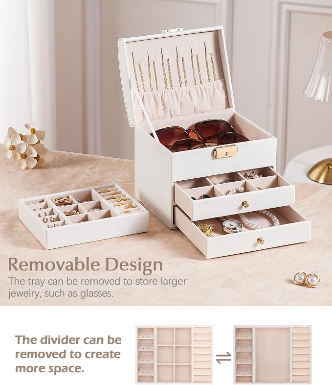 Homde Mothers Day Gifts Small Girls Jewelry Box with Lock: 3 Layer Organizer with Removable Tray - Storage for Ring Necklace Earring - Birthday & Return Gifts for Young Women (Cloud White) - Image 4