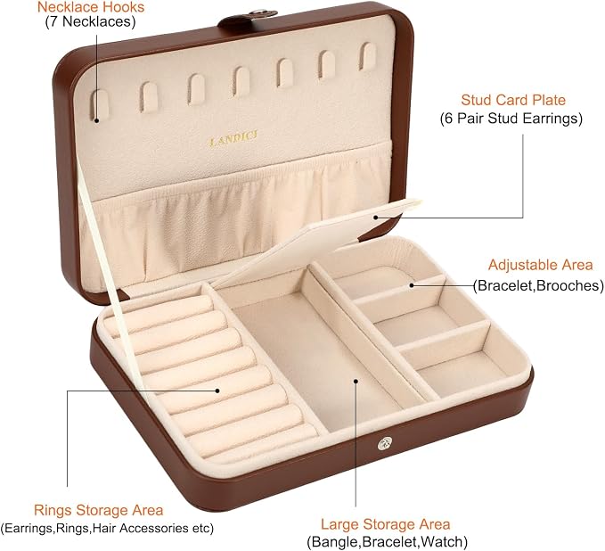LANDICI Small Jewelry Box for Women Girls, PU Leather Travel Jewelry Case, Portable Jewelry Organizer Storage Holder Display for Ring Earrings Necklace Bracelet Bangle Men Kids Gift, Coffee - Image 3