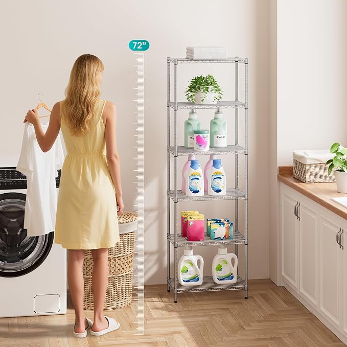 SINGAYE 6 Shelf Wire Shelving Unit Adjustable Metal Shelves Standing Bathroom Organizers and Storage Wire Closet Metal Pantry Kitchen 12" DX22 W 69.5" H Gray - Image 4