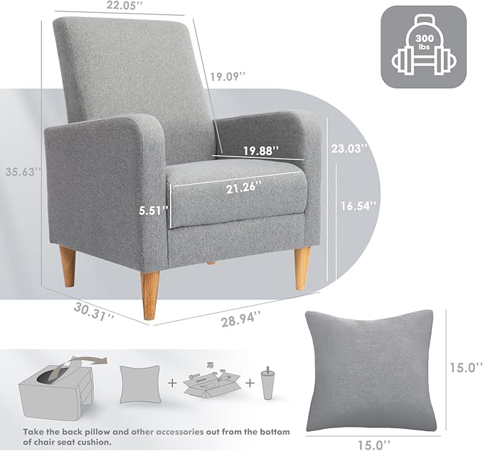 COLAMY Fabric Accent Living Room Chairs Set of 2, Upholstered Arm Chair Reading Side Chair, Single Sofa with Back Pillow and Wood Legs, Light Grey