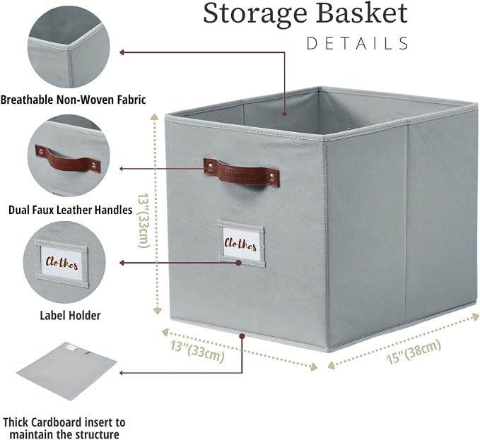 DECOMOMO Storage Baskets, 13x15x13 Storage Cube Bins with Labels for Organizing Shelves Kallax (Kallax / 4pcs, Grey) - Image 3