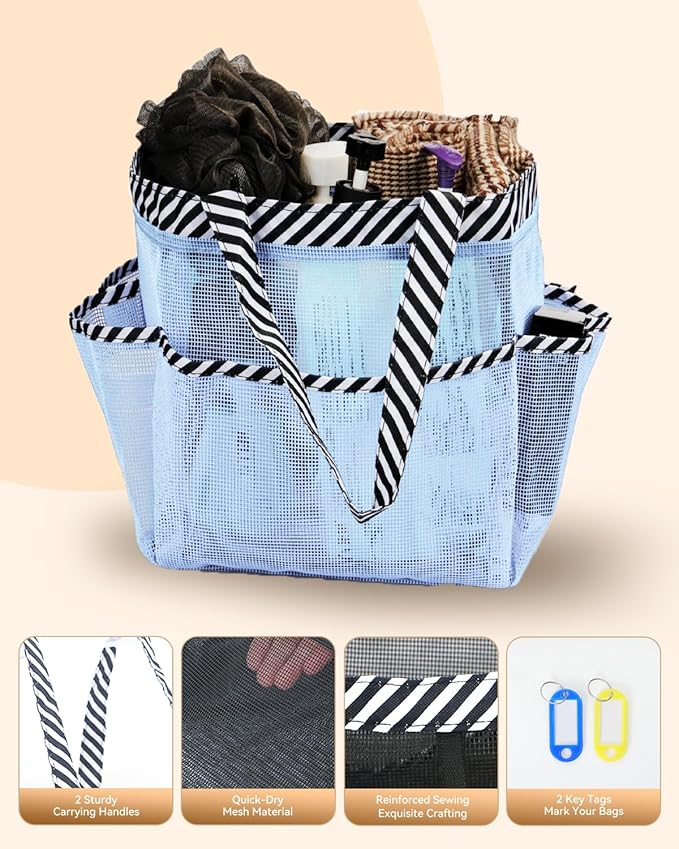 Temede Mesh Shower Caddy Tote, Large Shower Caddy Basket Portable, Quick Dry Hanging Toiletry Bag, 8 Storage Pocket Bath Organizer for College Dorm Room, Gym, Bathroom, Camp, Travel (Blue) - Image 4