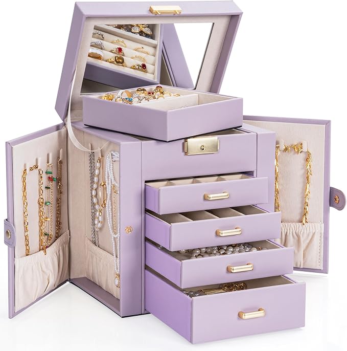 AKOZLIN 5-Tier Jewelry Box Leather Jewelry Storage Organizer with 4 Drawers Lockable for Women Girls Ring Necklace Earring Bracelet Watches Holder with Mirror Purple - Image 7