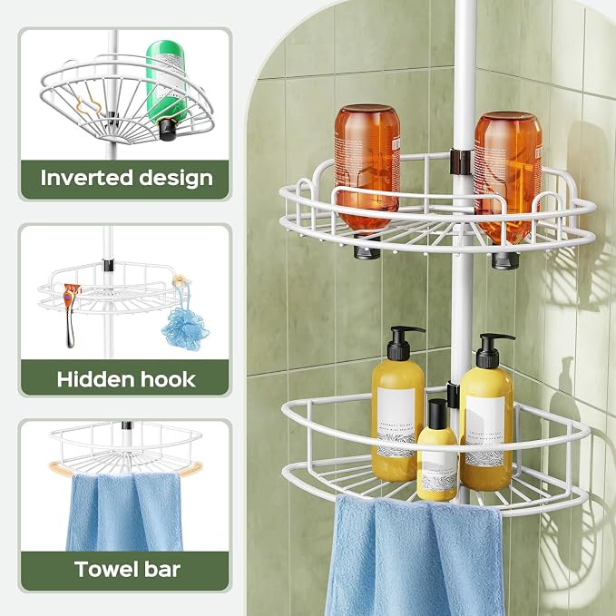 HAMITOR Corner Shower Caddy Tension Pole: Rustproof Bathroom Organizer Shelves for Bathtub Shampoo Accessories Storage Holder - 47-121 Inch Adjust - White - Image 4