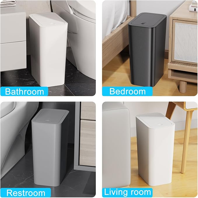 N. NETDOT 3 Pack 10L/2.6 Gal Bathroom Trash Can with Lid, Trash Bin with Press Lid, Small Trash Can/Slim Garbage Cans/Waste Basket for Bathroom,Kitchen,Office,Bedroom - Black,Gray,Off White - Image 4