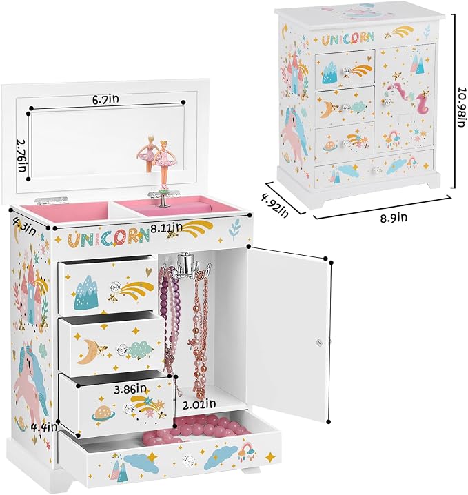 Large Jewelry Box for Girls 5-Layer Music Box with Swing Door Spinning Ballerina Unicorn Necklace & Bracelet Set Children Jewelry Organizer for Girls Kids Birthday Christmas Gift White - Image 3