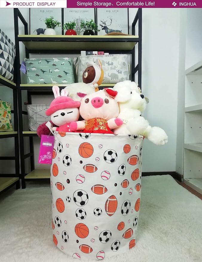Laundry Hamper Large Canvas Fabric Lightweight Storage Basket/Toy Organizer/Dirty Clothes Collapsible Waterproof for College Dorms, Boys and Girls Bedroom,Bathroom(Ball game) - Image 3