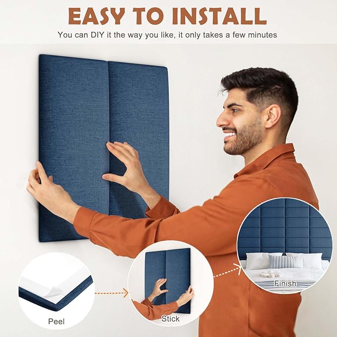 IF NOW Upholstered Wall Mounted Headboard, 3D Soundproof Wall Panels Peel and Stick for Queen Size, Reusable and Removable Tufted Bed Headboard in Navy Blue (9 Panels, 10" x 24")