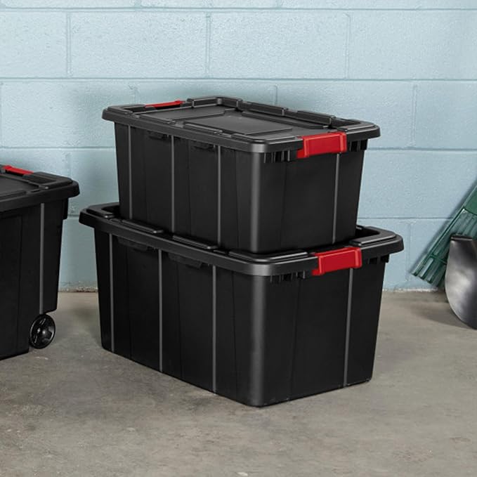 Sterilite 4-Pack Industrial Tote, Plastic Storage Bins with Lids, 27 Gallon, Black - Heavy-Duty Organizing Containers for Closet, Bathroom, and Office