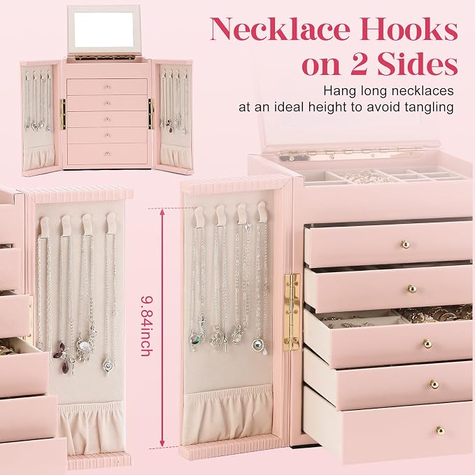 Dajasan Jewelry Box for Girls Women, 6-Tier Large Jewelry Organizer Box, Jewelry Storage Organizer, Jewelry Gift Box for Christmas, Valentine's Day, Birthday, Mother's Day (Pink) - Image 2