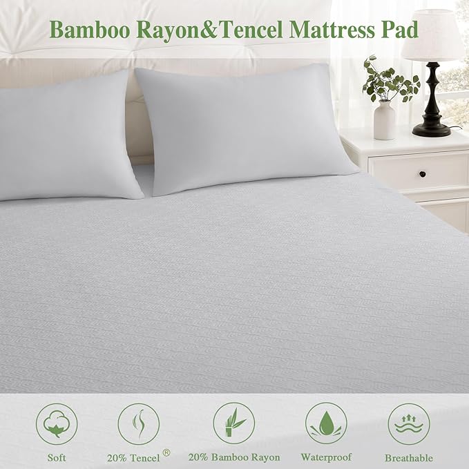 Twin XL Mattress Protector, Waterproof Mattress Pad Washable Rayon Mattress Cover Breathable Noiseless Bed Protector 3D Patterns 5" - 21'' Elastic Fitted Deep Pocket(Light Grey)