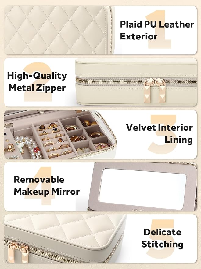 Travel Jewelry Case with Mirror, Quilted Small Jewelry Box Organizer for Women Girls, Portable Earring Necklace Bracelet Ring Holder Storage for Travel Weekend Trips (Beige) - Image 5