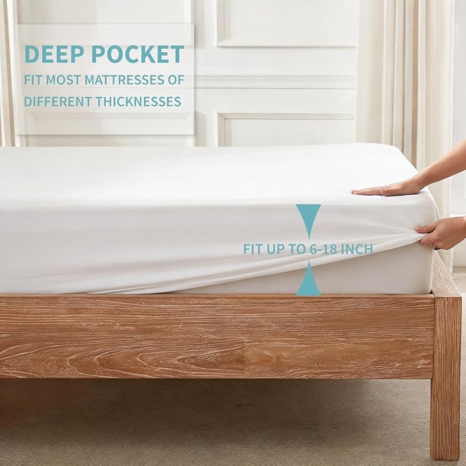 Twin XL Mattress Protector Waterproof- Washable Mattress Cover Twin XL Size Fitted Bed Pad Noiseless Plastic Protection Up to 18” Allergy Mattress Protector Soft&Breathable（White）