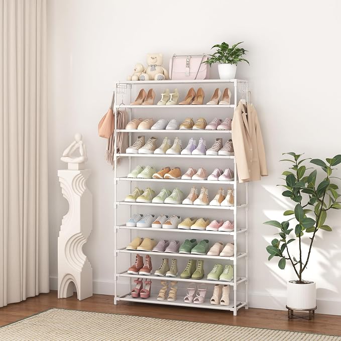 LANTEFUL 10 Tiers Shoe Rack 50 Pairs Large Capacity Tall Shoe Organizer Sturdy Shoe Storage with Two Hooks Space Saving Metal Wide Shoe Rack for Closet, Entryway, Bedroom, White - Image 7