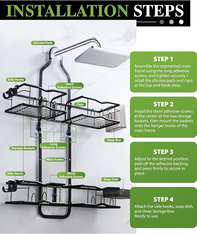 Shower Caddy Hanging – Rustproof Shower Organizer Hanging for Inside Shower – Over the Showerhead Rack with Soap Holder & Razor Hooks, No Drilling Bathroom Shower Shelves and Storage, Black - Image 6