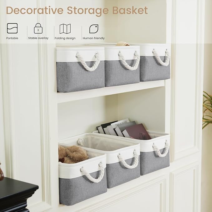 Storage Baskets for Shelves 13.8x9.8x6.7 Inch, Foldable Fabric Storage Bins with Handles, Small Storage Baskets for Organizing Closet, Office, Home Organization (3-Pack, White&Gray) - Image 5