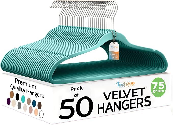 Techzoo 50 Pack New Premium Quality Velvet Hangers Ultra Thin Non Slip Adult Felt Space Saving Hangers for Closet Heavy Duty Coat Pants Dress Hangers 360° Swivel Hook Hold Upto 10 lbs Teal by TECHZOO