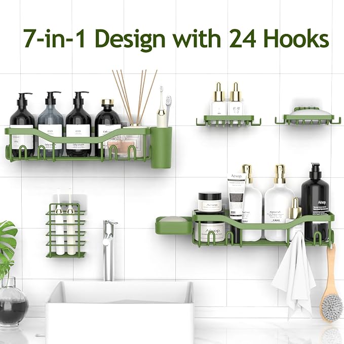 NESOMI Shower Caddy Adhesive Shower Organizer 7-Pack, Rustproof Stainless Steel Bathroom Shelves, Large Capacity No-Drill Rack Storage Accessories with Soap Dish Toothbrush Holder Hooks - Image 4