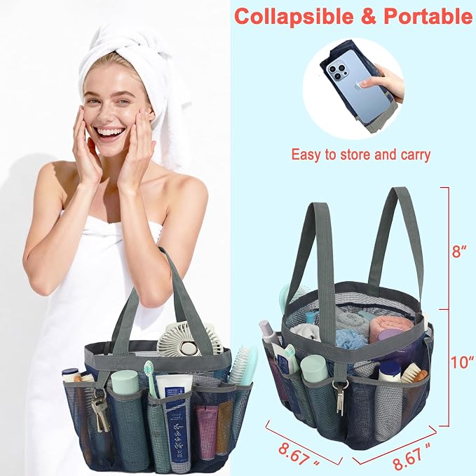Fammart Mesh Shower Caddy Portable for College Dorm Room Essentials, 8-Pocket Large Shower Basket Tote Bag with 2 Handles for Toiletry, Bathroom, Beach, Camp, Gym - Image 2