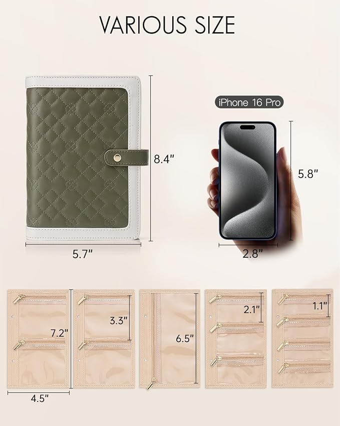 VLANDO Travel Jewelry Organizer Case,Mom Gifts from Daughter,Jewelry Storage Book Ring Binder with Clear Zipper Velvet Jewelry Pouch Bag,Travel Essentials for Rings,Necklace,Earrings-Olive Green - Image 2