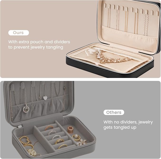 Lolalet Travel Jewelry Case for Women Girls, Travel Jewelry Organizer Box with Mirror & Clear Storage Bag, Small Portable Earring Necklace Bracelet Ring Case, Birthday Valentine Gifts -Large, Black - Image 3