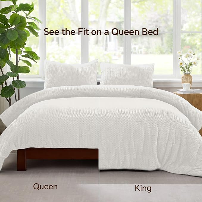 Flannel Fleece Twin Comforter Set - Furry White Leaves Pattern Faux Fur Bed Set, Winter Ultra Soft Fuzzy Comfort Set, Velvet Bedding Set for Bed with 1 Pillow case