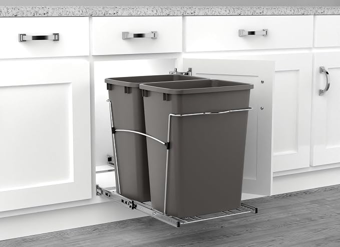 Rev-A-Shelf RV-18KD-13C-S Double Pullout Trash Can for Kitchen Cabinets 35 Quart Garbage Recycling Bin on Full Extension Slides, Gray - Image 6