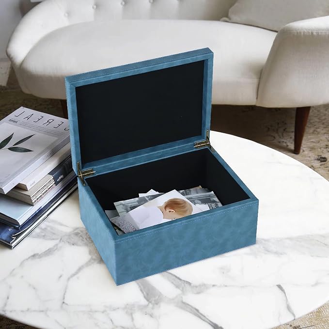 HofferRuffer Faux Leather Decorative Box, Large Wooden Structure Keepsake Box Accessory Organizer Jewelry Organizer with Hinged Lid, Storage Container for Home or Office (Blue) - Image 4