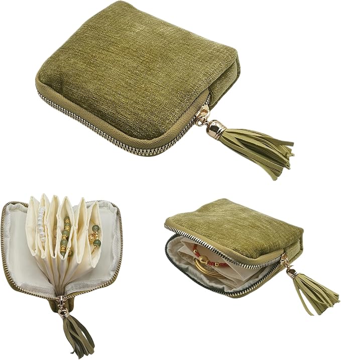 Small Travel Jewelry Case - Jewelry Travel Organizer Bag with Tassel Zipper for Bracelets, Necklaces, Bangles, Jewelry Organizer Storage Bag Gift for Women Girls - LJB001-Olive Green by ToLoveToLife