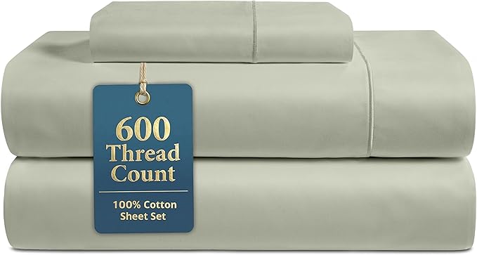 LANE LINEN Twin Sheets Set - 600 Thread Count Sateen Weave for Silky Feel On Skin - Extra Soft, 100% Cotton Sheets Set for Comfort - 15'' Deep Pocket for Snug Fit to Your Mattress - Mineral