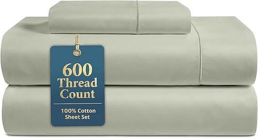 LANE LINEN Twin Sheets Set - 600 Thread Count Sateen Weave for Silky Feel On Skin - Extra Soft, 100% Cotton Sheets Set for Comfort - 15'' Deep Pocket for Snug Fit to Your Mattress - Mineral