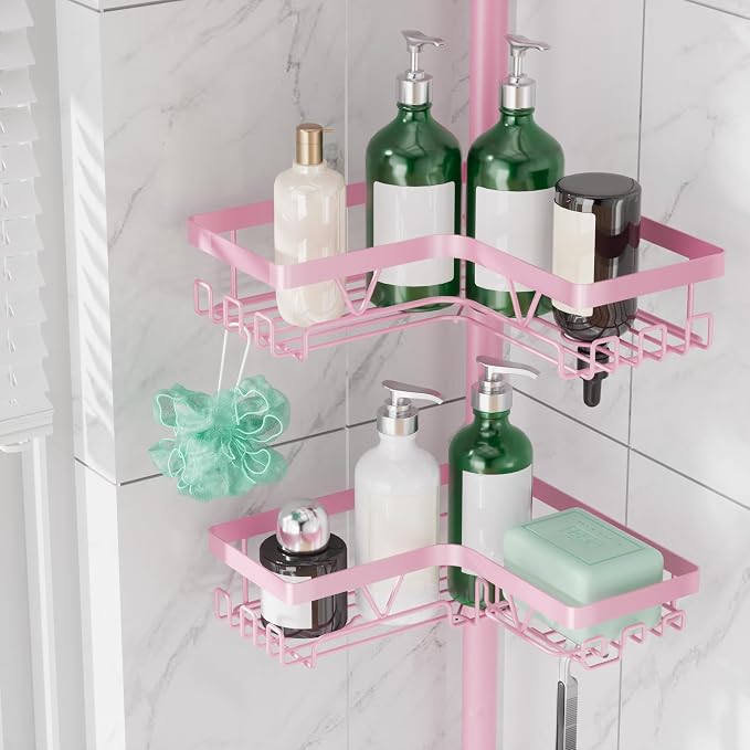 DAOYA Corner Shower Caddy Tension Pole - Pink - Rustproof Adjustable Bathroom Organizer Shelf for Shampoo, 25–114.2 Inch Shower Rack for Renters, Apartments - Image 4
