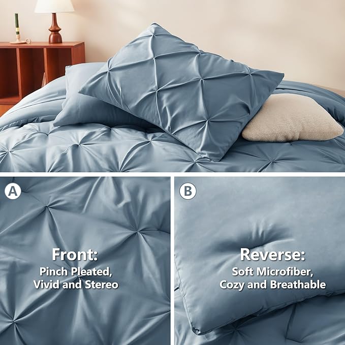 CozyLux California King Comforter Set Mineral Blue, 7 Pieces Cal King Pintuck Bed in A Bag, Pinch Pleat Bedding Sets with All Season Comforter, Flat Sheet, Fitted Sheet, Pillowcases & Shams