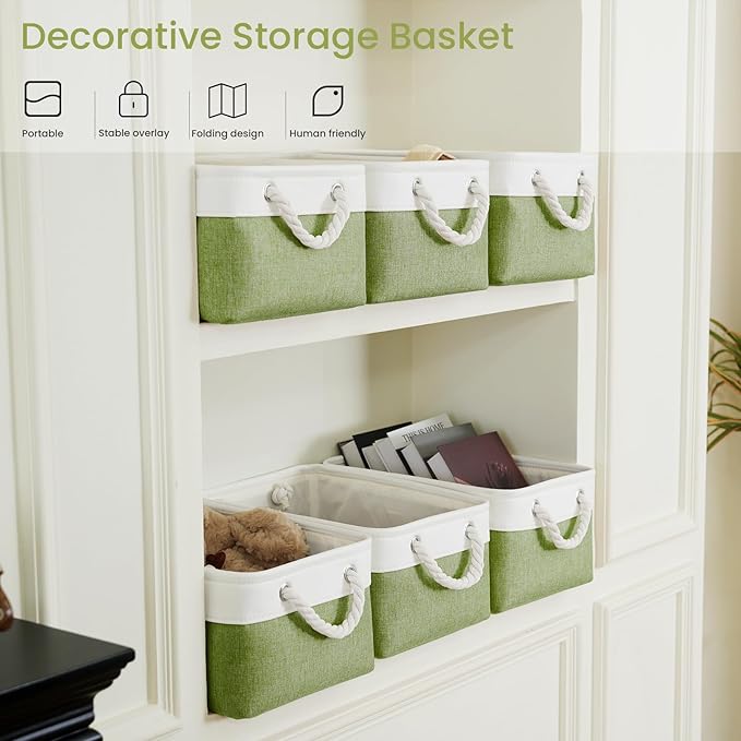 Storage Baskets for Shelves 13.8x9.8x6.7 Inch, Foldable Fabric Storage Bins with Handles, Small Storage Baskets for Organizing Closet, Office, Home Organization (6-Pack, White&Green) - Image 5