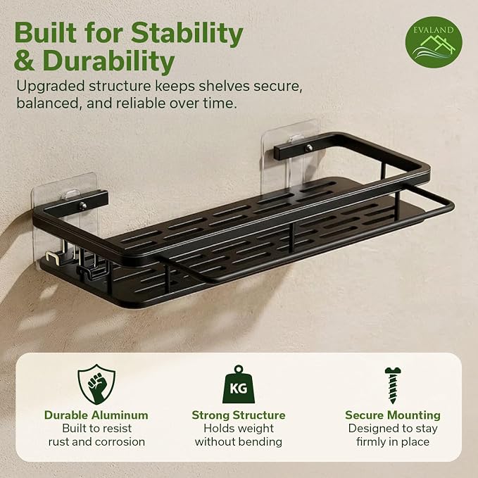 EVALAND Shower Caddy Adhesive 2-Pack with Hooks and Rod for Towels, Black – Premium Bathroom Shower Shelves, Shampoo Organizer, Bathtub Shelf, Rustproof, Easy Installation, Sturdy Modern Look - Image 6
