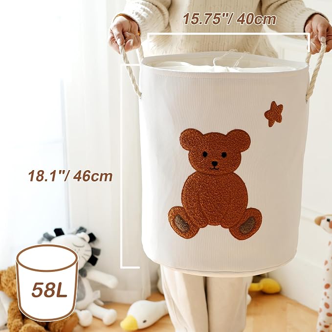 INough Large Laundry Basket Tall Baskets Storage for Dirty Clothes, Toys Storage Bins Baby Hamper 58L Clothes Hamper Blanket Basket Baby Toys Organizer for Nursery Bedroom Living Room Decor, Bear - Image 5