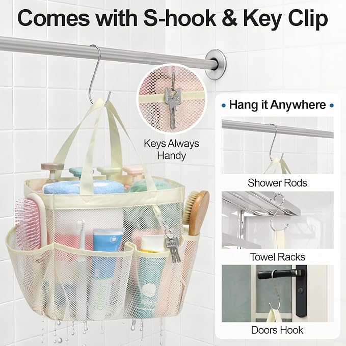F-color Mesh Shower Caddy Portable, Upgrade Deeper 7 Pockets Shower Bag Basket Tote for College Dorm Room Toiletry Bathroom Essentials Gym Camp Quick Dry 2 handles with S Hook, Butter White - Image 7