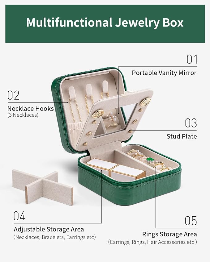 VLANDO Small Travel Jewelry Box Organizer - Girls Women Gift Rings Earrings Necklaces Jewelry Storage Display Case with Mirror Dark Green - Image 3