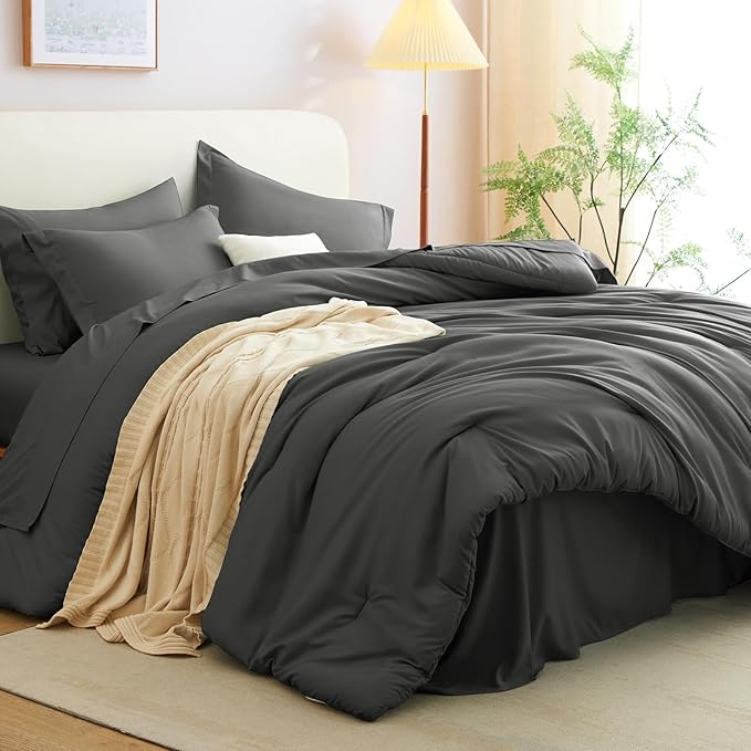 CozyLux Full Size Comforter Sets Dark Grey, 7 Pieces Bed in a Bag Full Comforter Set with Sheets, Dark Gray Luxury Soft Bedding Set with Down Alternative Comforter, Sheets, Pillowcases & Shams