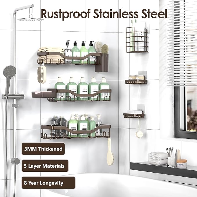 NESOMI Shower Caddy Adhesive Shower Organizer 8-Pack, Rustproof Stainless Steel Bathroom Shelves, Large Capacity No-Drill Rack Storage Accessories with Soap Dish Toothbrush Holder Hooks - Image 5
