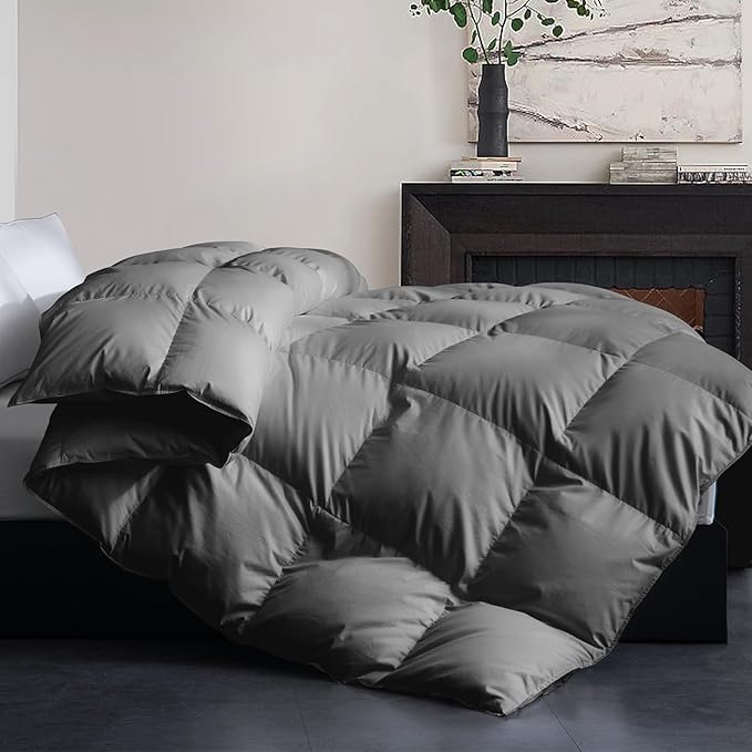 Feather and Down Comforter Insert Full Size, 100% Cotton Cover, All Season Grey Down Feather Duvet Insert, Fluffy Soft Hotel Luxury Bedding for Bedroom, 82 x 86 Inches