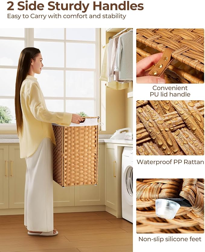 Greenstell Laundry Hamper No Install Needed, Divided Clothes Hamper with 2 Removable Liner Bags, 90L Handwoven Synthetic Rattan Laundry Basket with Lid and Handles, Foldable Natural - Image 4
